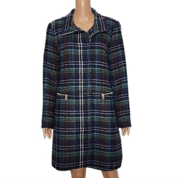 Worthington Women's Green/Blue Plaid Full Zip Wool Blend Coat‎ Length Size L - Picture 1 of 15